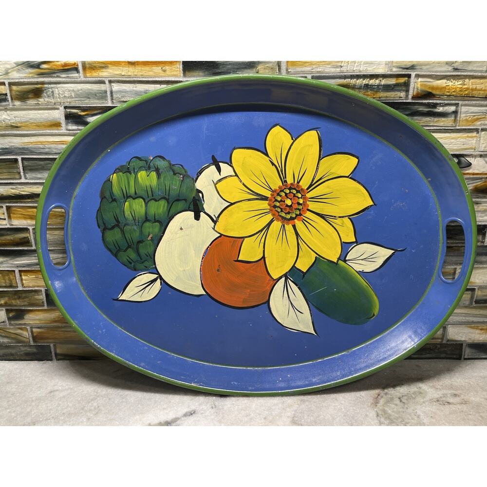 Oval Hand Decorated Tole Painted Serving Tray Floral & Fruit Design No 155